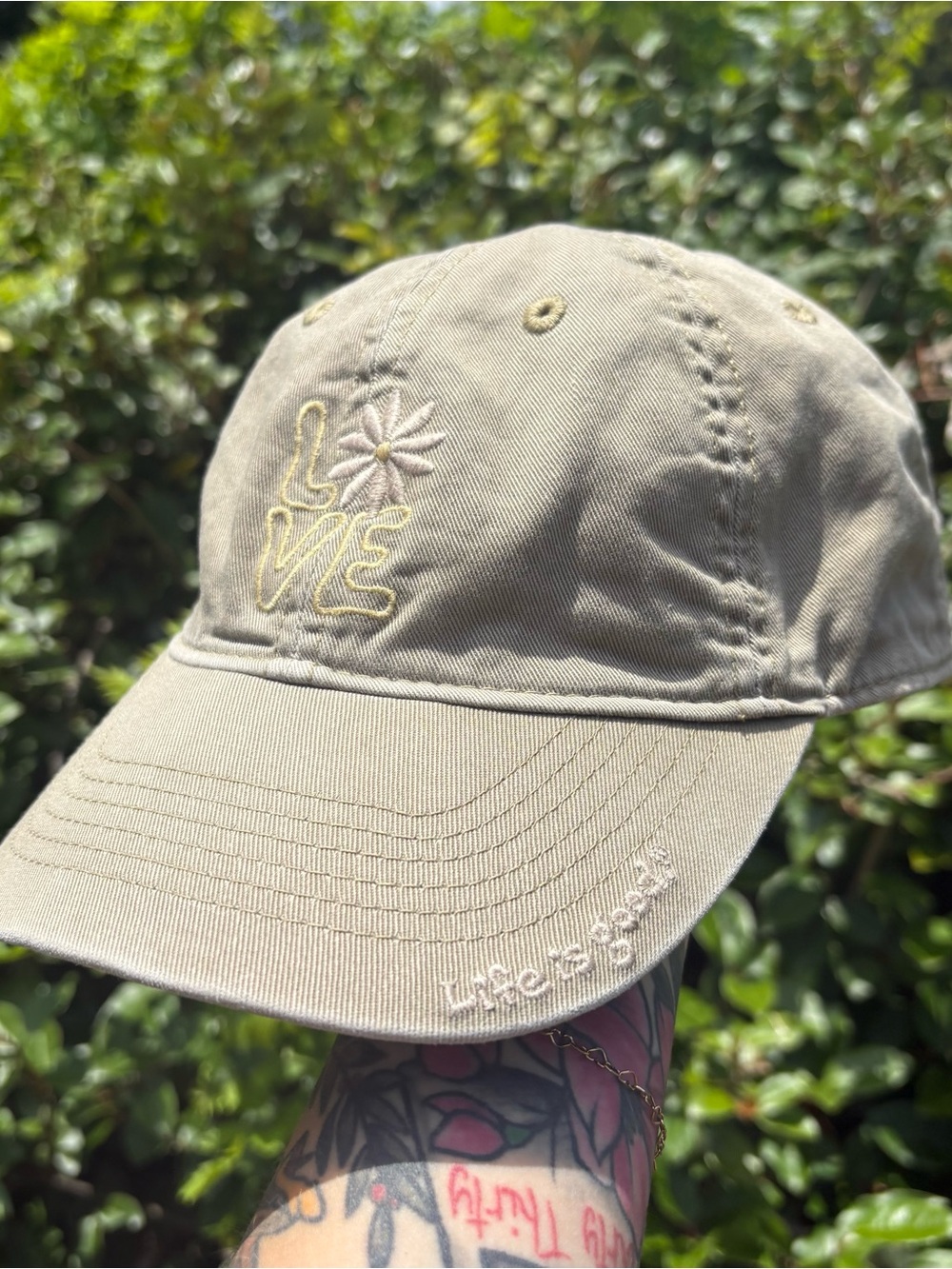 Life Is Good Tan Love Chill Cap Hat Flower Embroidered Adjustable Cotton Nature